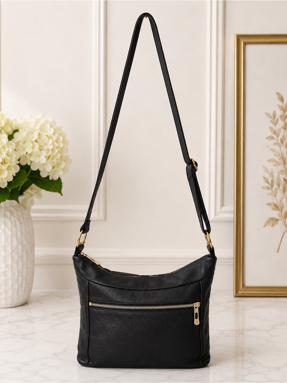 Elie Handbags Black Leather Crossbody Hobo Shoulder Bag